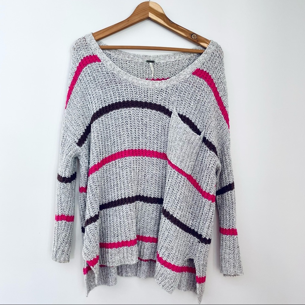 Free People Light Grey Gray Oversized Pink Black Striped Knit Sweater Small